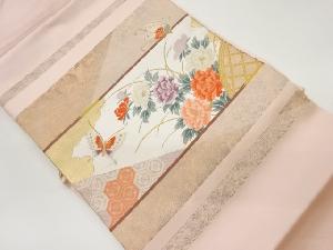 蝶に牡丹・亀甲・花菱模様織出し名古屋帯